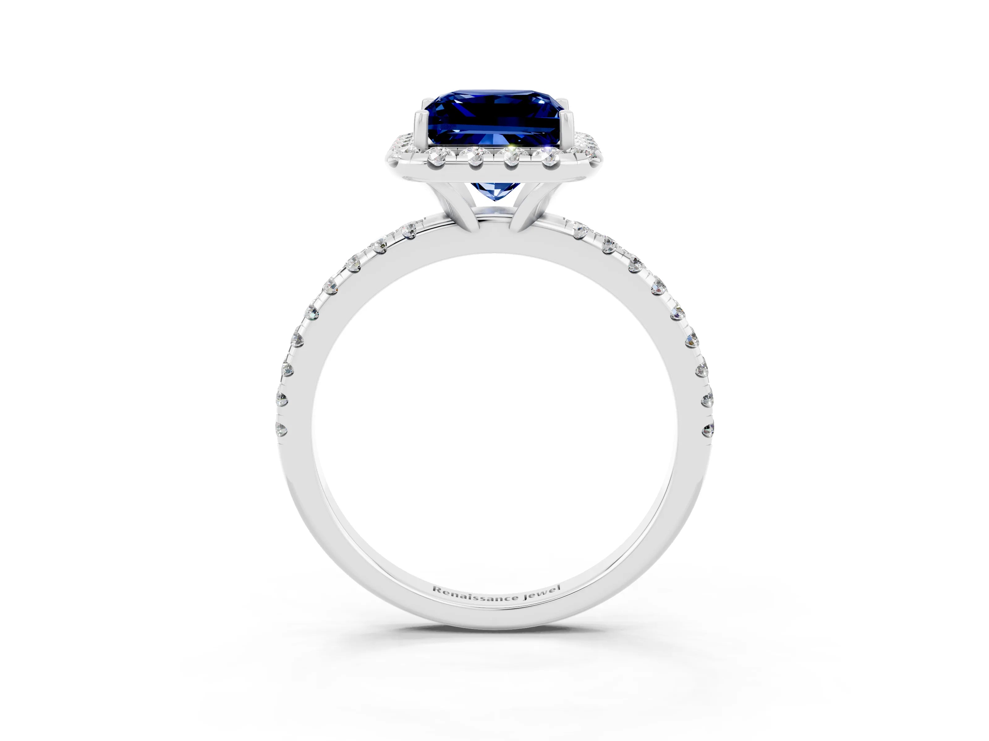 White gold Princess Cut Cut Diamond Floral Halo Engagement Ring with Pavé Band and Prong Setting_3