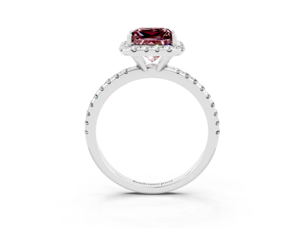 Silver Princess Cut Cut Diamond Floral Halo Engagement Ring with Pavé Band and Prong Setting
