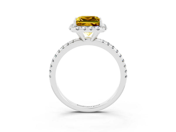 Silver Princess Cut Yellow Sapphire Halo Engagement Ring with Round Pavé Band and Prong Setting