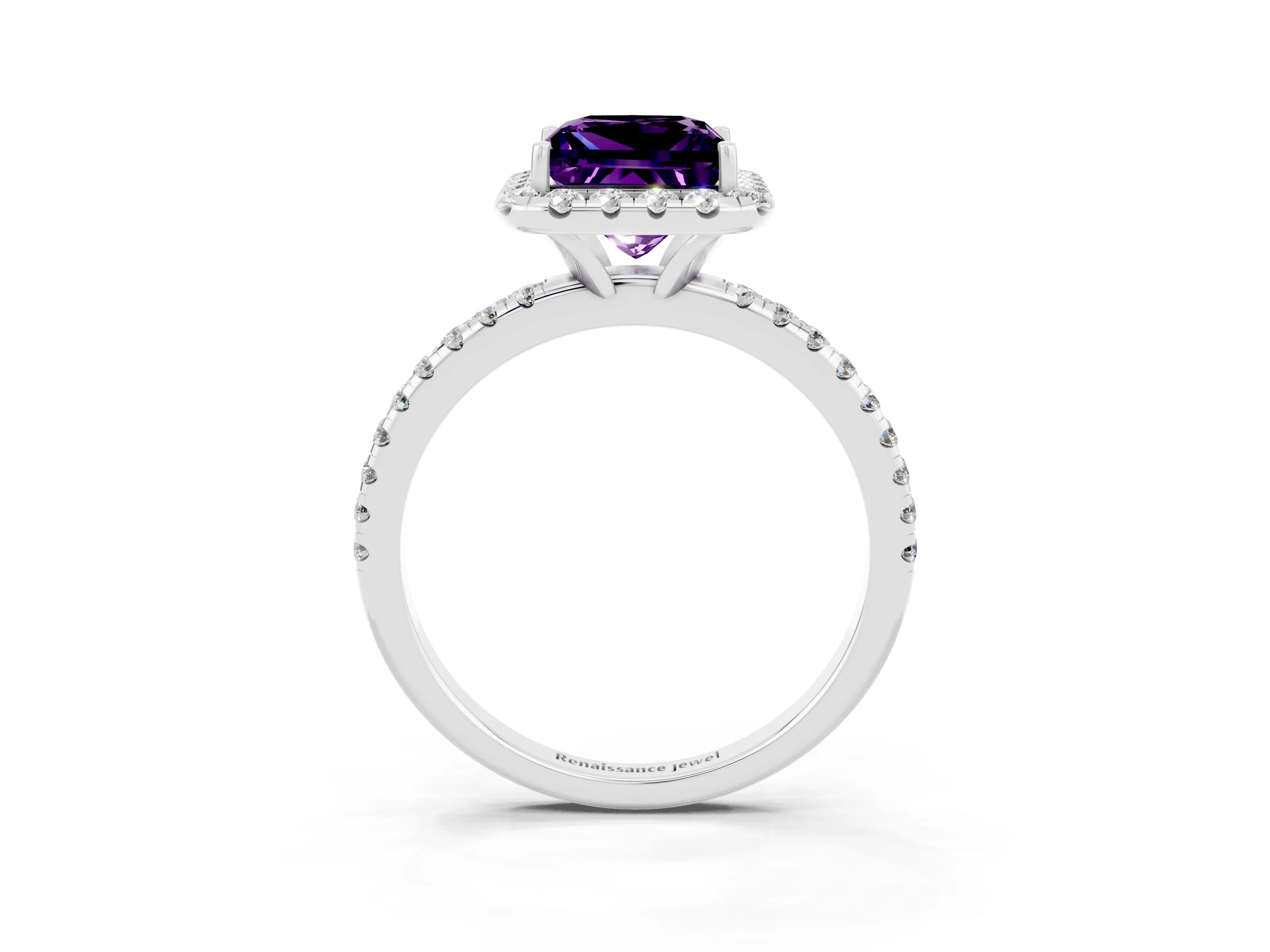 White gold Princess Cut Cut Diamond Floral Halo Engagement Ring with Pavé Band and Prong Setting_3