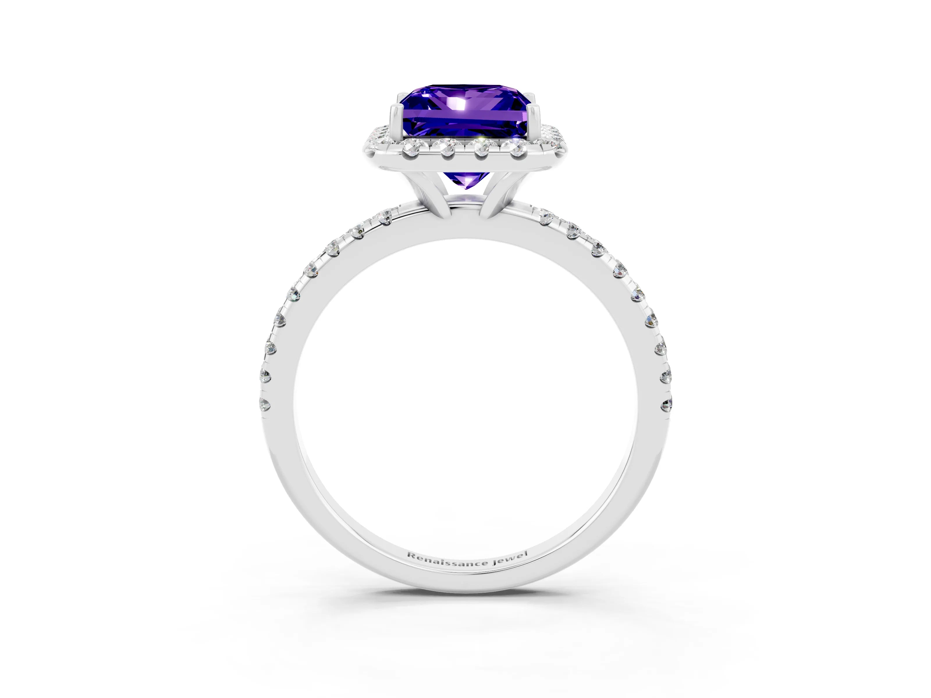 White gold Princess Cut Cut Diamond Floral Halo Engagement Ring with Pavé Band and Prong Setting_3