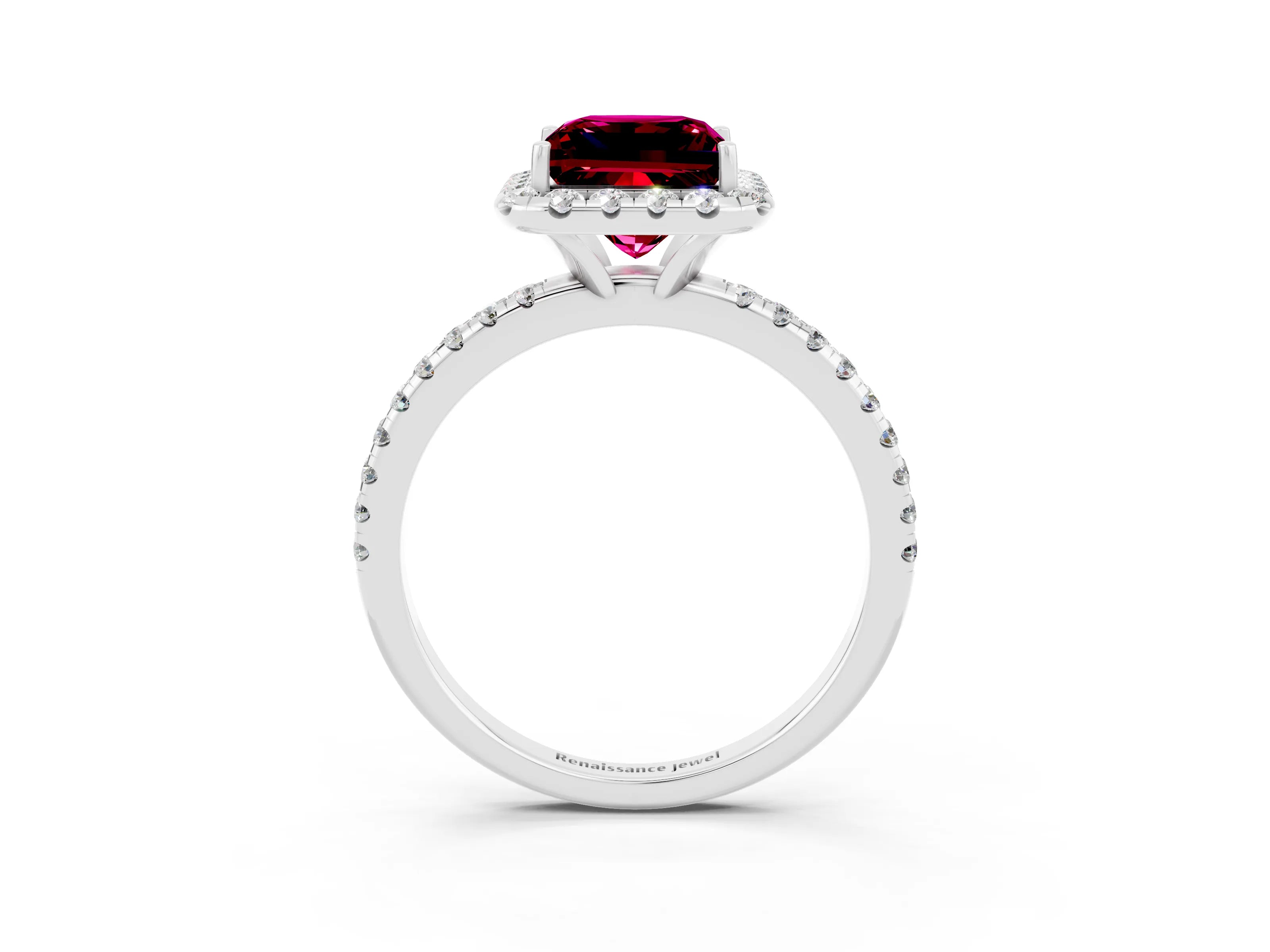 White gold Princess Cut Cut Diamond Floral Halo Engagement Ring with Pavé Band and Prong Setting_3