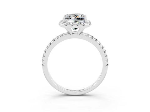 White gold Princess Cut Cut Diamond Floral Halo Engagement Ring with Pavé Band and Prong Setting_3