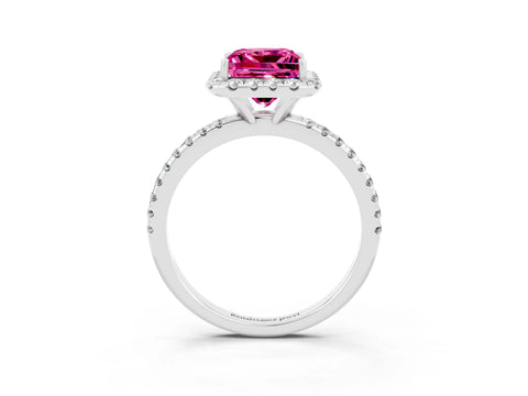 White gold Princess Cut Cut Diamond Floral Halo Engagement Ring with Pavé Band and Prong Setting_3
