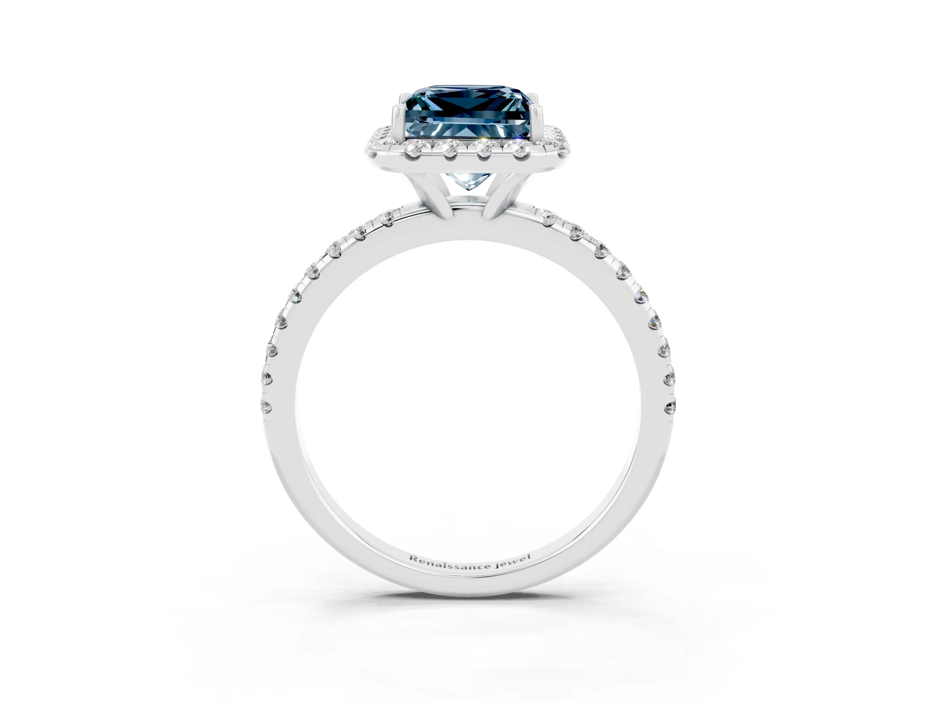 White gold Princess Cut Cut Diamond Floral Halo Engagement Ring with Pavé Band and Prong Setting_3