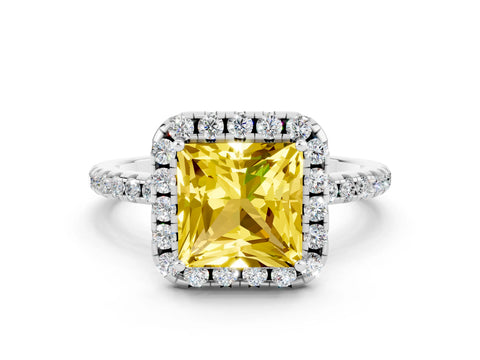 White gold Princess Cut Cut Diamond Floral Halo Engagement Ring with Pavé Band and Prong Setting