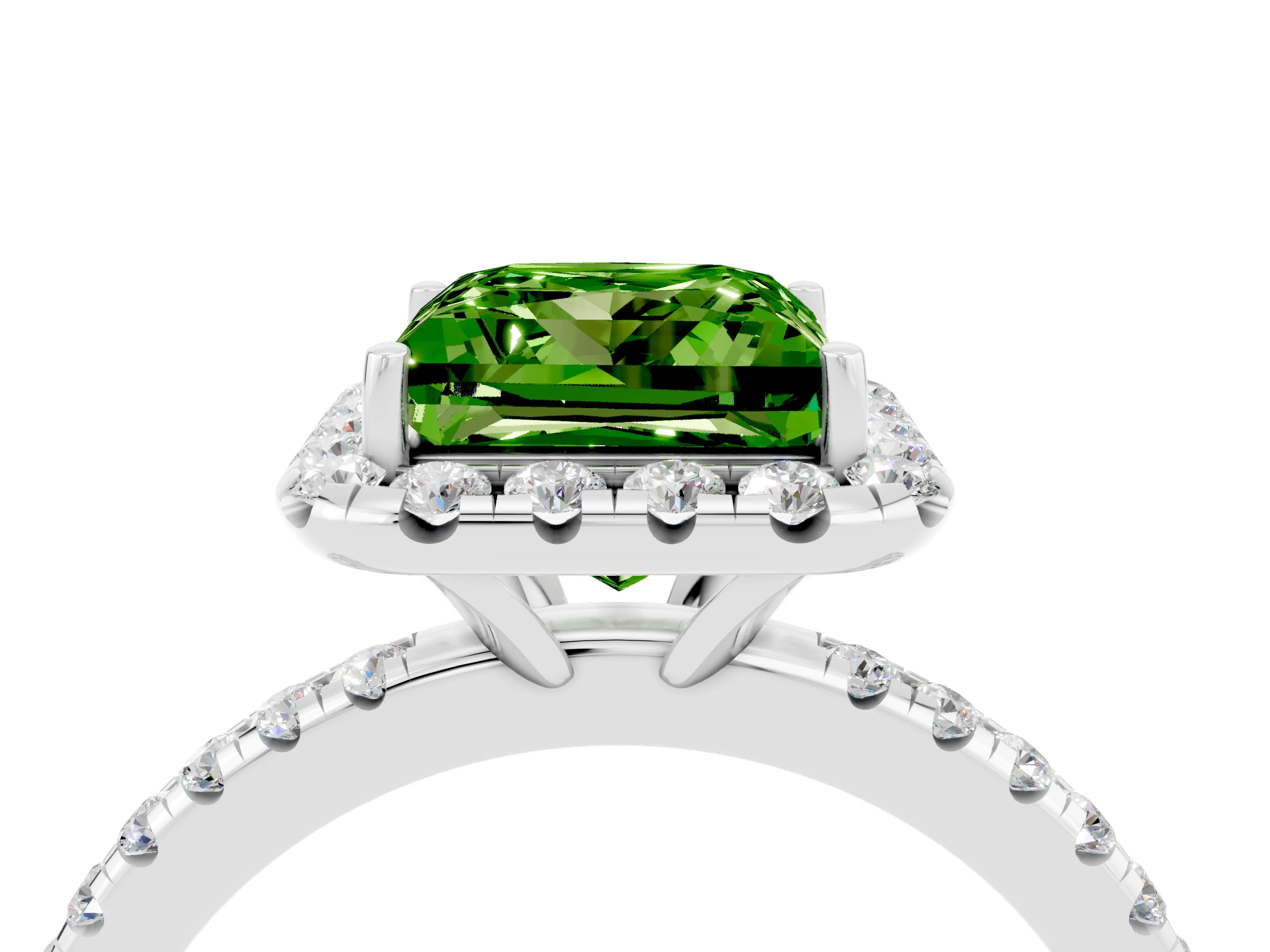 White gold Princess Cut Cut Diamond Floral Halo Engagement Ring with Pavé Band and Prong Setting_4