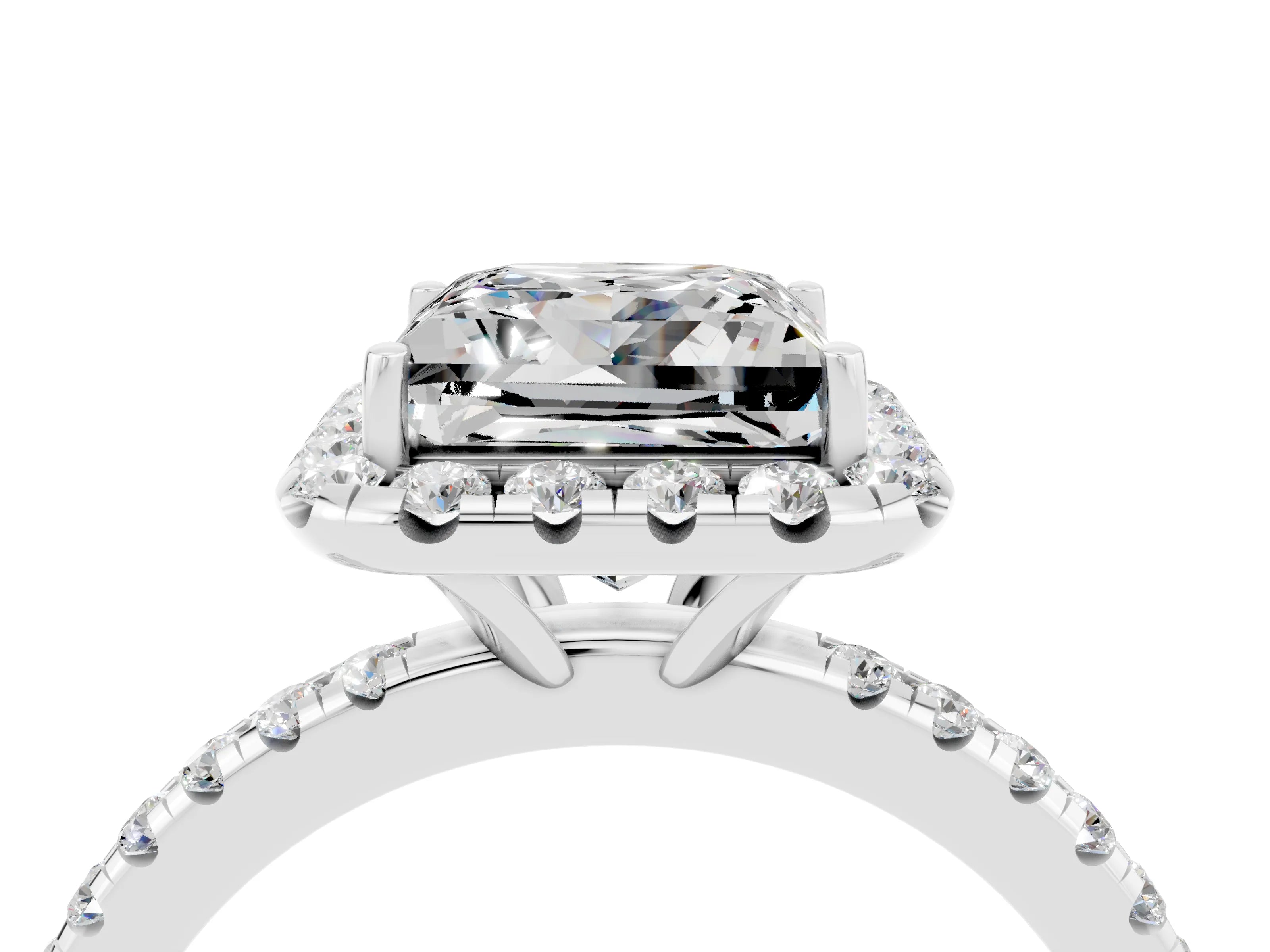 White gold Princess Cut Cut Diamond Floral Halo Engagement Ring with Pavé Band and Prong Setting_4