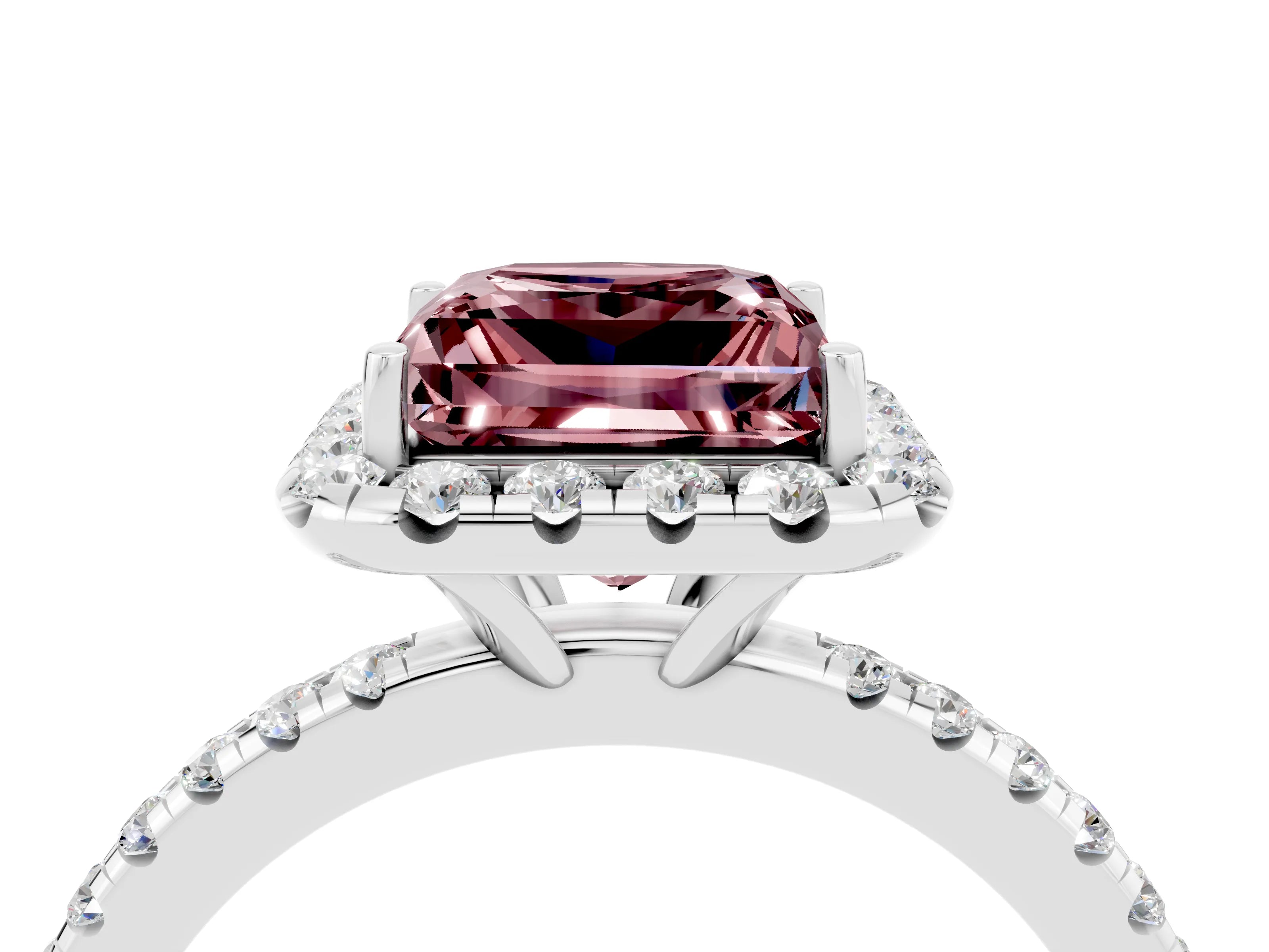 White gold Princess Cut Cut Diamond Floral Halo Engagement Ring with Pavé Band and Prong Setting_4