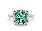 White gold Princess Cut Cut Diamond Floral Halo Engagement Ring with Pavé Band and Prong Setting
