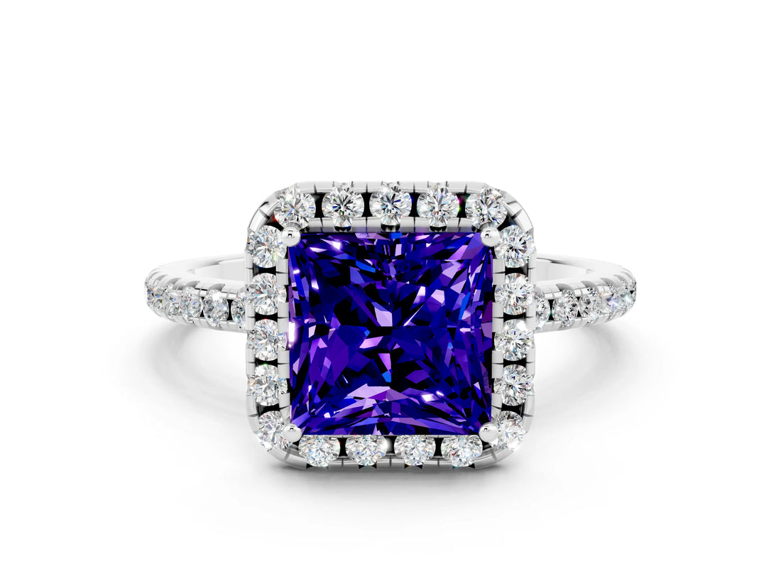 White gold Princess Cut Cut Diamond Floral Halo Engagement Ring with Pavé Band and Prong Setting