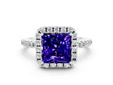 White gold Princess Cut Cut Diamond Floral Halo Engagement Ring with Pavé Band and Prong Setting