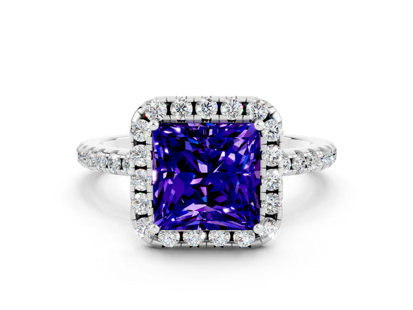 Silver Princess Cut Tanzanite Halo Engagement Ring with Round Pavé Band and Prong Setting