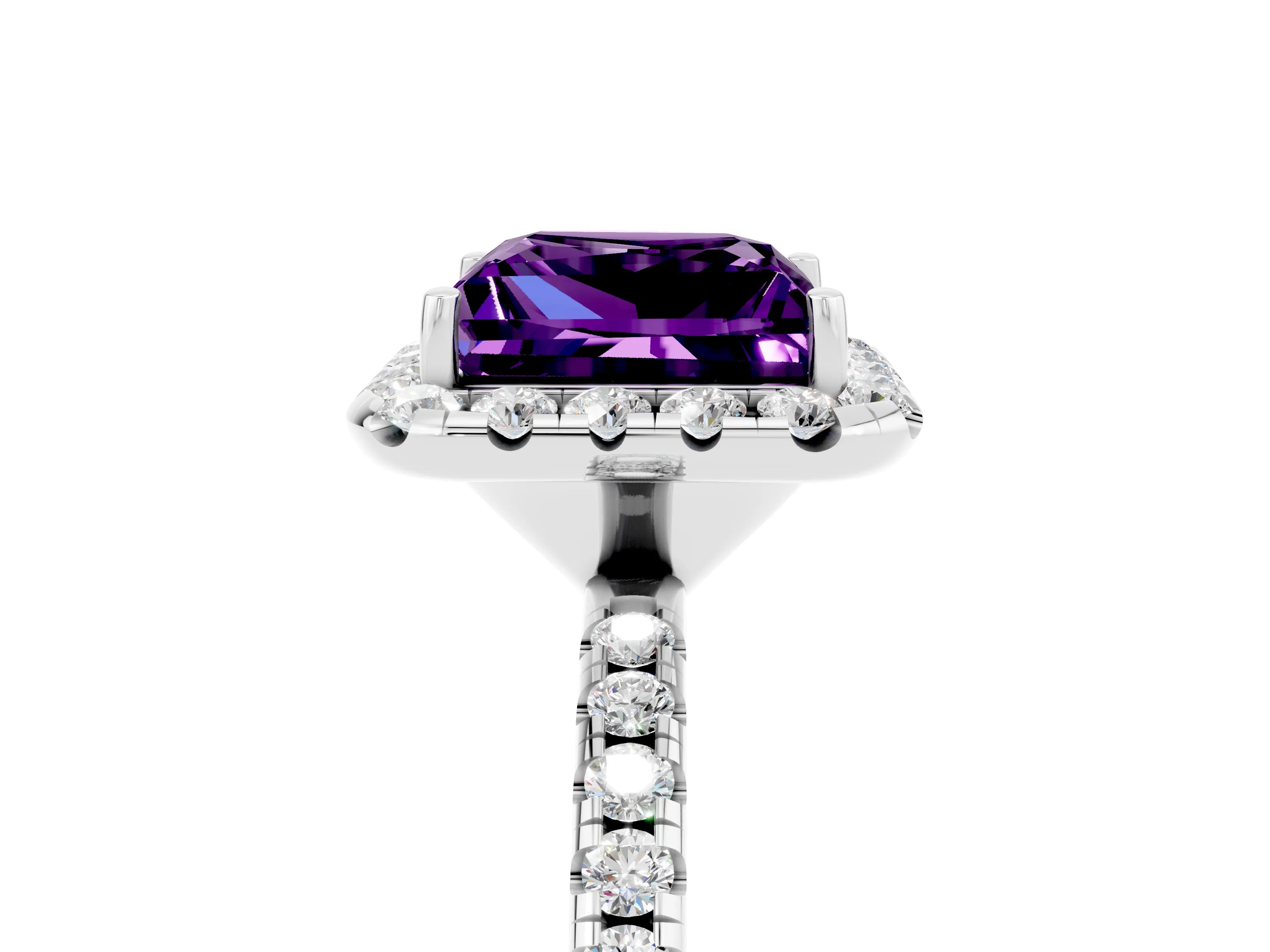 White gold Princess Cut Cut Diamond Floral Halo Engagement Ring with Pavé Band and Prong Setting_5