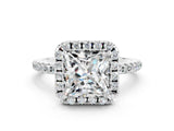 White gold Princess Cut Cut Diamond Floral Halo Engagement Ring with Pavé Band and Prong Setting