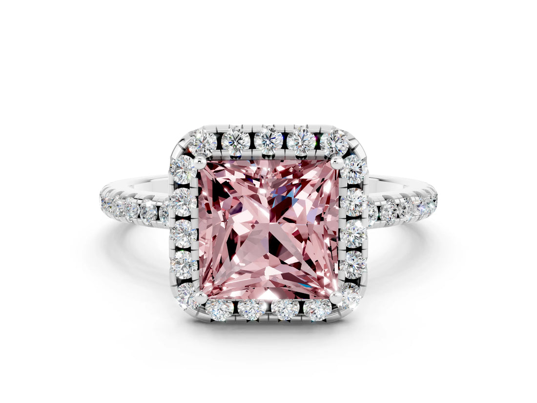 White gold Princess Cut Cut Diamond Floral Halo Engagement Ring with Pavé Band and Prong Setting