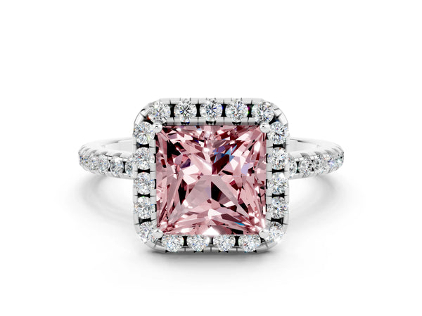 White gold Princess Cut Cut Diamond Floral Halo Engagement Ring with Pavé Band and Prong Setting
