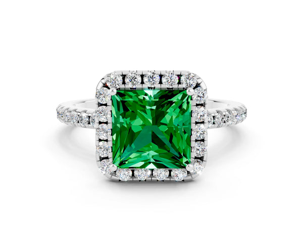 Silver Princess Cut Emerald Halo Engagement Ring with Round Pavé Band and Prong Setting