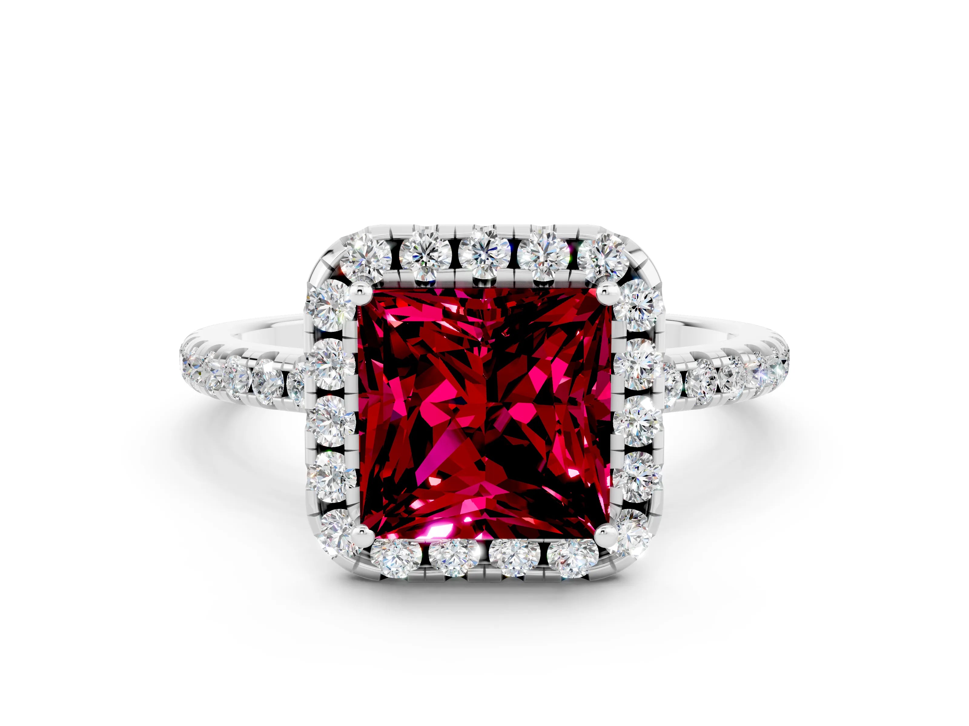 White gold Princess Cut Cut Diamond Floral Halo Engagement Ring with Pavé Band and Prong Setting