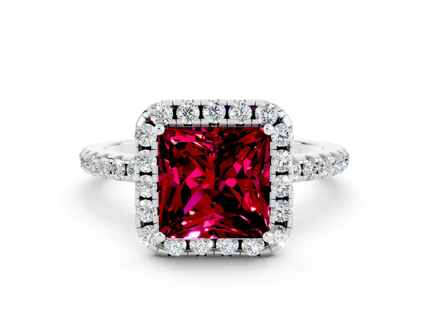 Silver Princess Cut Garnet Halo Engagement Ring with Round Pavé Band and Prong Setting