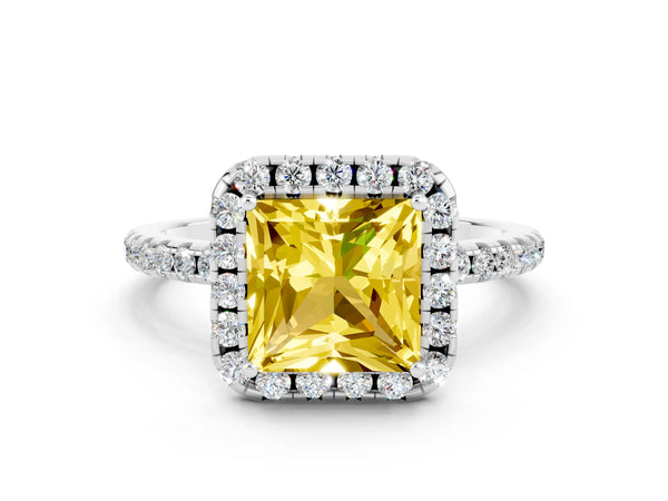 Silver Princess Cut Yellow Sapphire Halo Engagement Ring with Round Pavé Band and Prong Setting