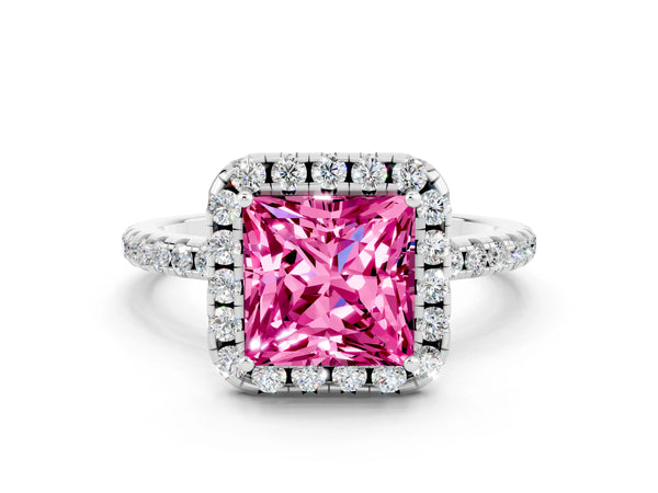 Platinum Princess Cut Cut Diamond Floral Halo Engagement Ring with Pavé Band and Prong Setting