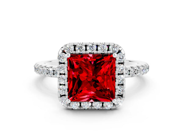 Platinum Princess Cut Cut Diamond Floral Halo Engagement Ring with Pavé Band and Prong Setting