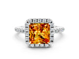 White gold Princess Cut Cut Diamond Floral Halo Engagement Ring with Pavé Band and Prong Setting