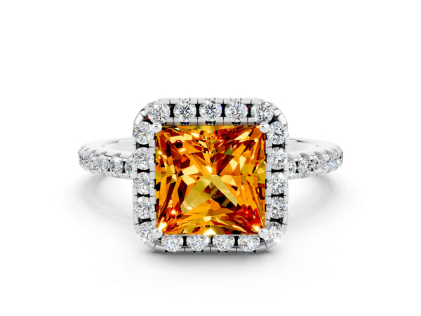 White gold Princess Cut Citrine Halo Engagement Ring with Round Pavé Band and Prong Setting