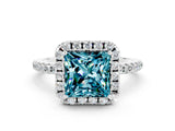 White gold Princess Cut Cut Diamond Floral Halo Engagement Ring with Pavé Band and Prong Setting
