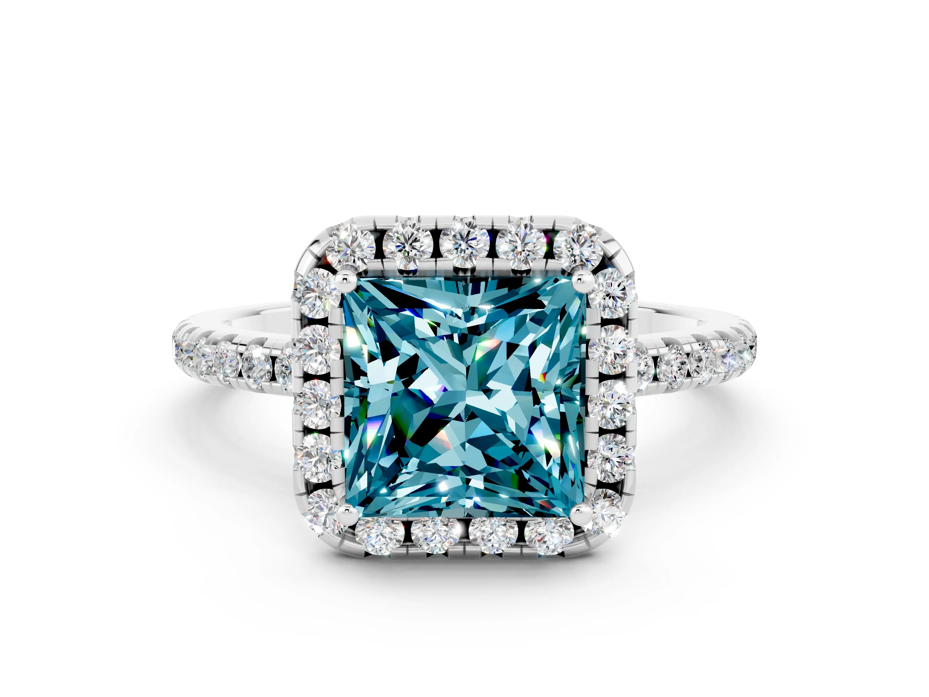 White gold Princess Cut Cut Diamond Floral Halo Engagement Ring with Pavé Band and Prong Setting