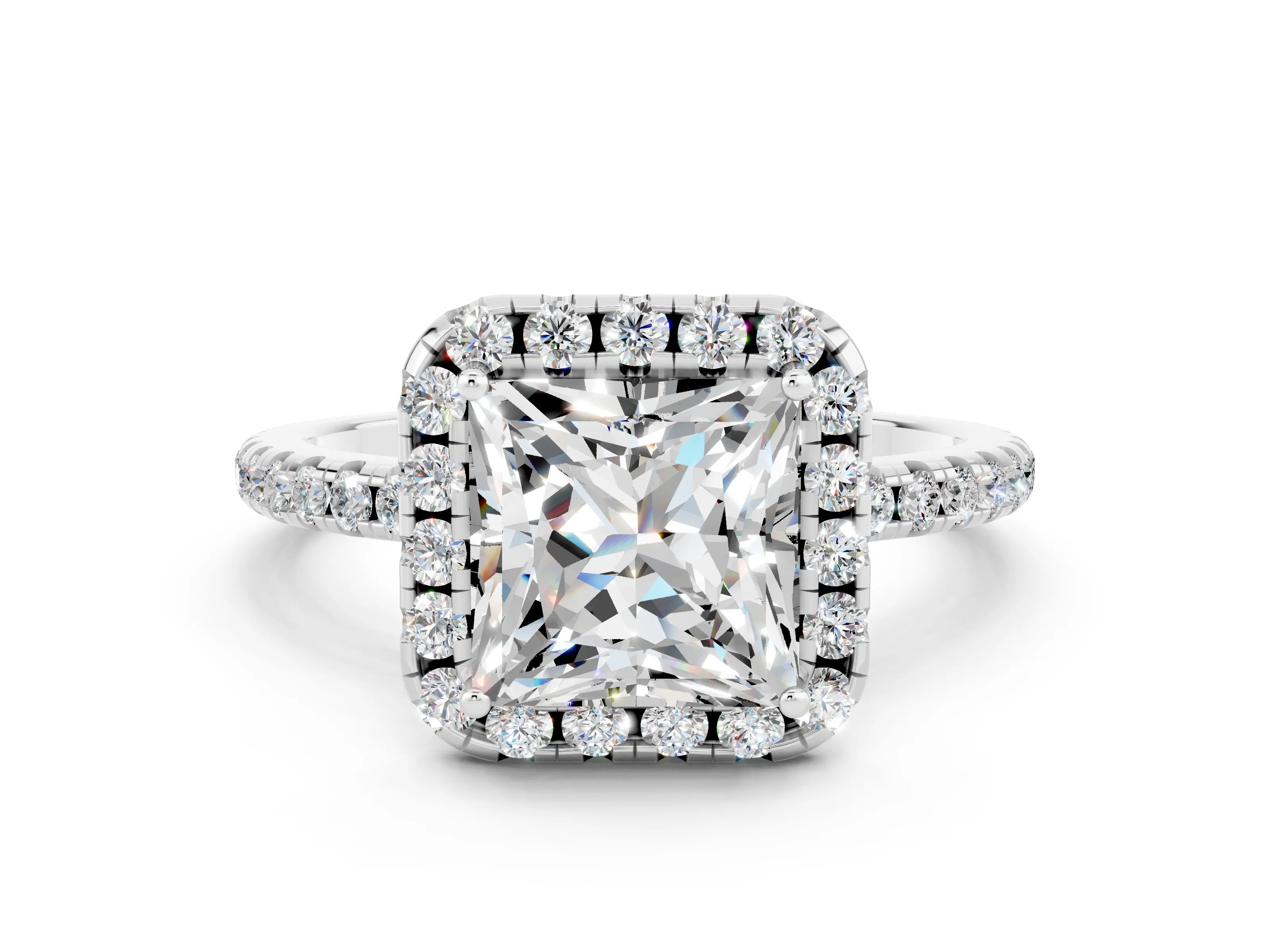 White gold Princess Cut Cut Diamond Floral Halo Engagement Ring with Pavé Band and Prong Setting