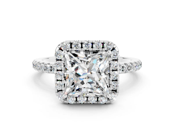 Silver Princess Cut Moissanite Halo Engagement Ring with Round Pavé Band and Prong Setting