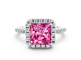 White gold Princess Cut Cut Diamond Floral Halo Engagement Ring with Pavé Band and Prong Setting