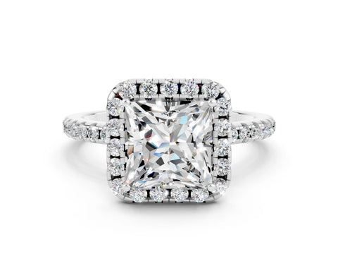White gold Princess Cut Cut Diamond Floral Halo Engagement Ring with Pavé Band and Prong Setting