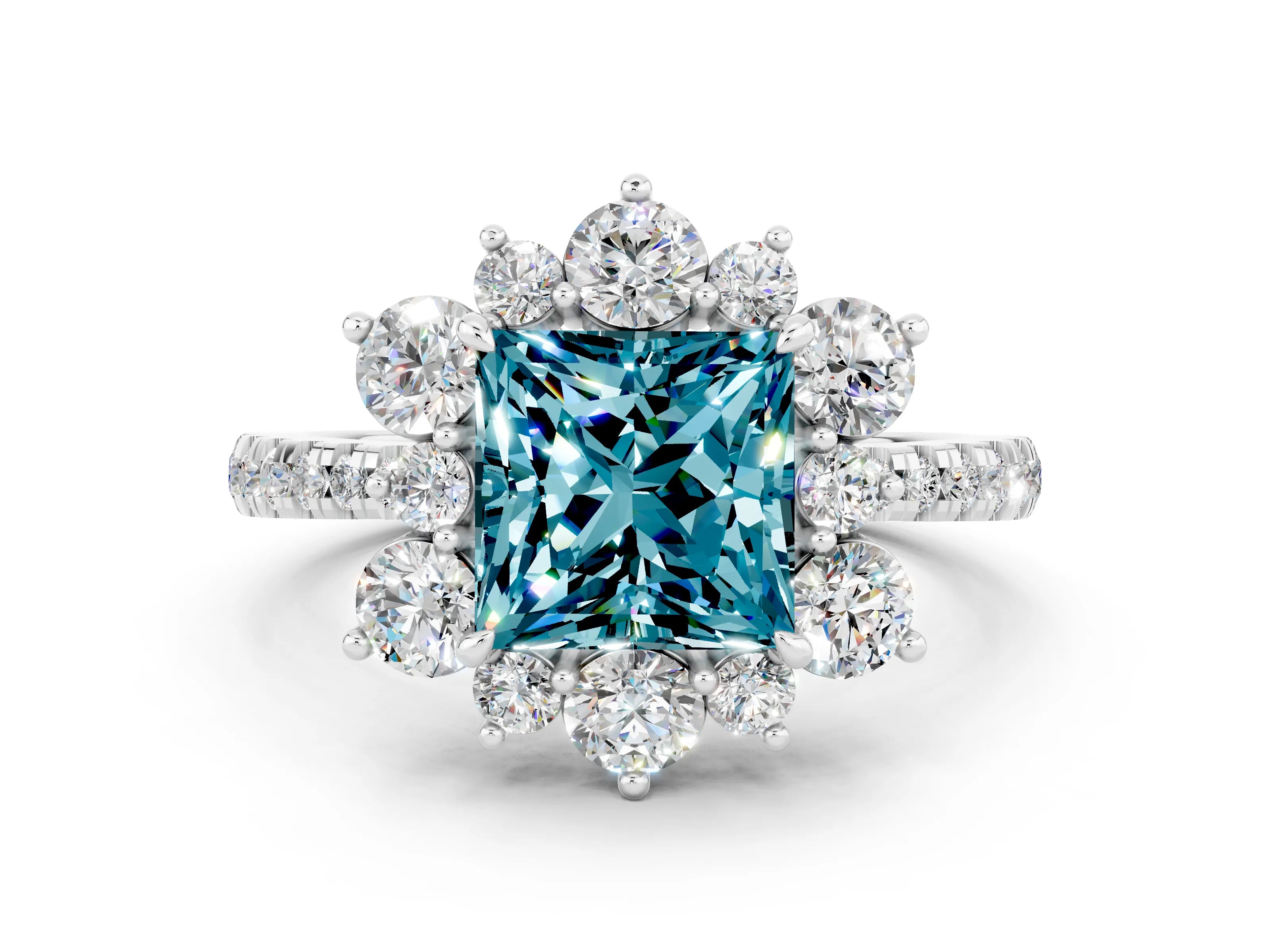 White gold Princess Cut Cut Diamond Floral Halo Pave Band with Prong Setting