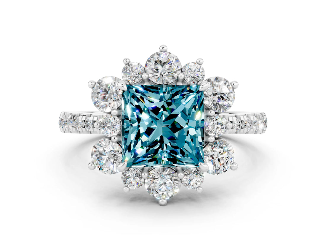 White gold Princess Cut Cut Diamond Floral Halo Pave Band with Prong Setting