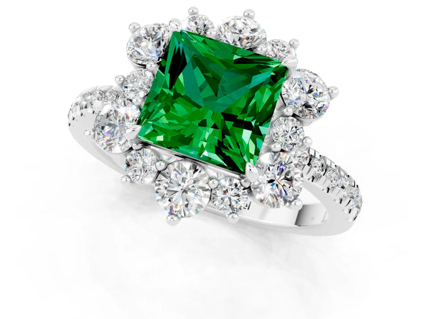 Platinum Princess Cut Emerald Floral Halo Ring with Round Pavé Band and Prong Setting