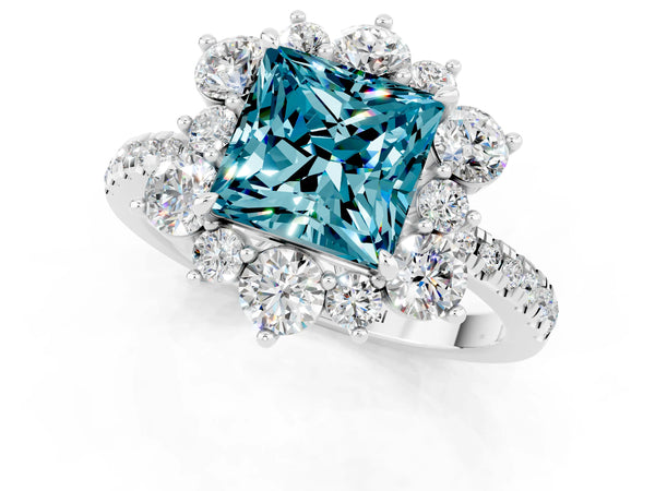 Platinum Princess Cut Cut Diamond Floral Halo Pave Band with Prong Setting