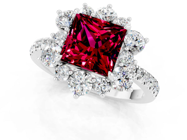 Platinum Princess Cut Garnet Floral Halo Ring with Round Pavé Band and Prong Setting
