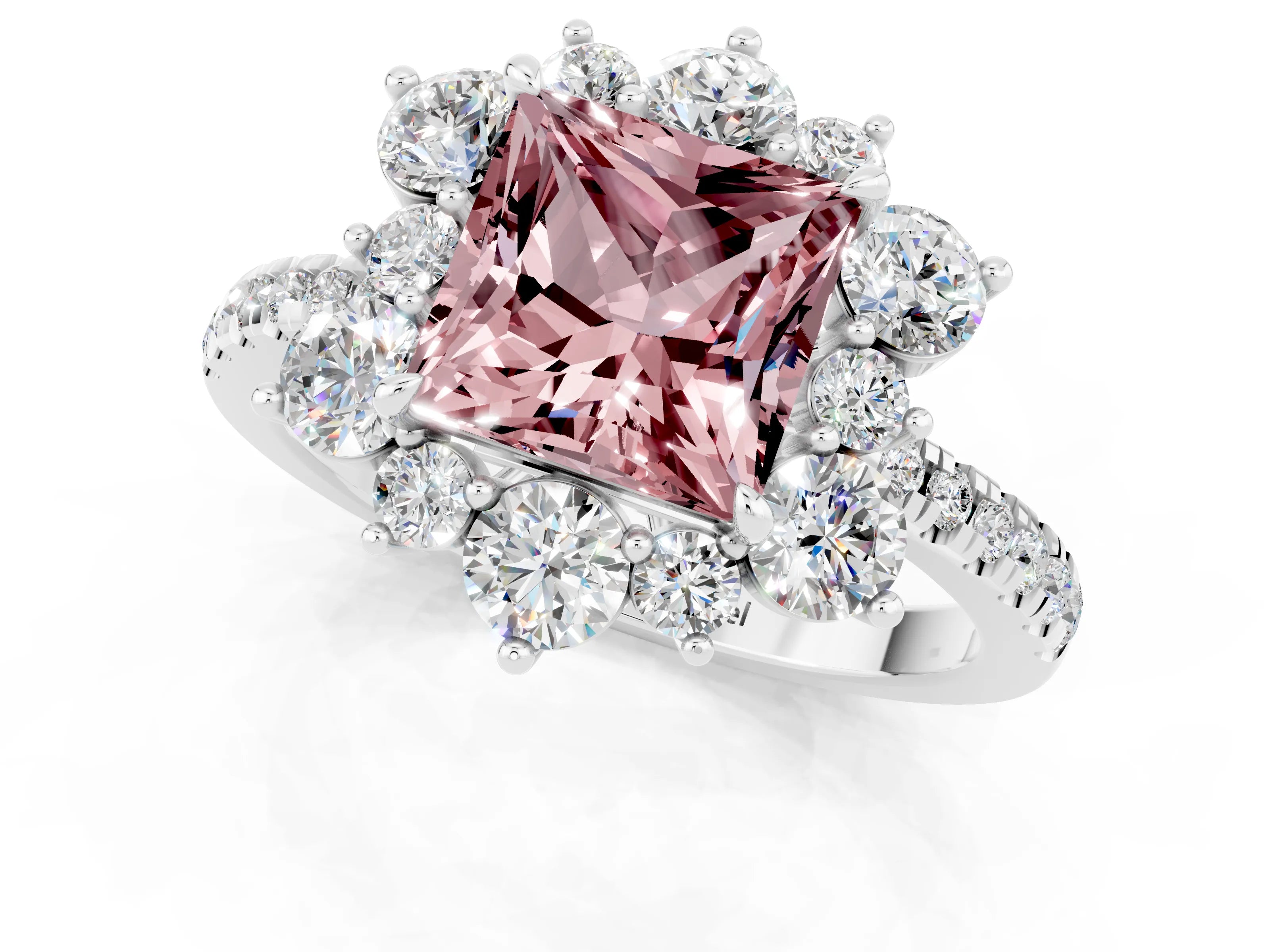 White gold Princess Cut Cut Diamond Floral Halo Pave Band with Prong Setting_1