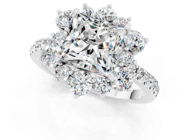 Silver Princess Cut Moissanite Floral Halo Ring with Round Pavé Band and Prong Setting
