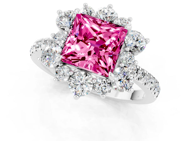 Platinum Princess Cut Cut Diamond Floral Halo Pave Band with Prong Setting