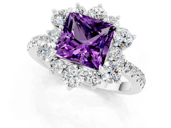 Silver Princess Cut Amethyst Floral Halo Ring with Round Pavé Band and Prong Setting