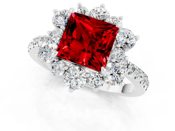 Silver Princess Cut Ruby Floral Halo Ring with Round Pavé Band and Prong Setting