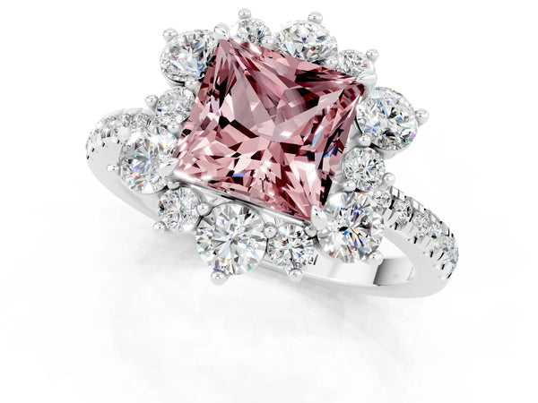 Silver Princess Cut Cut Diamond Floral Halo Pave Band with Prong Setting