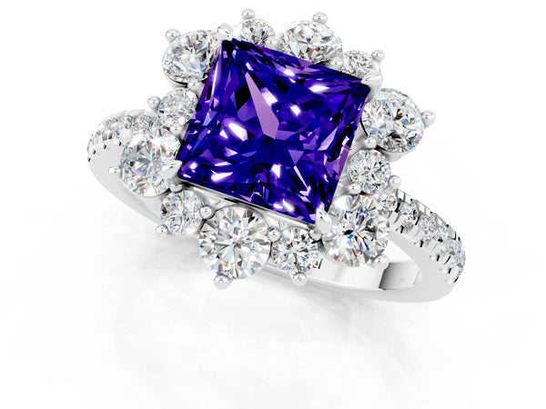 White gold Princess Cut Tanzanite Floral Halo Ring with Round Pavé Band and Prong Setting