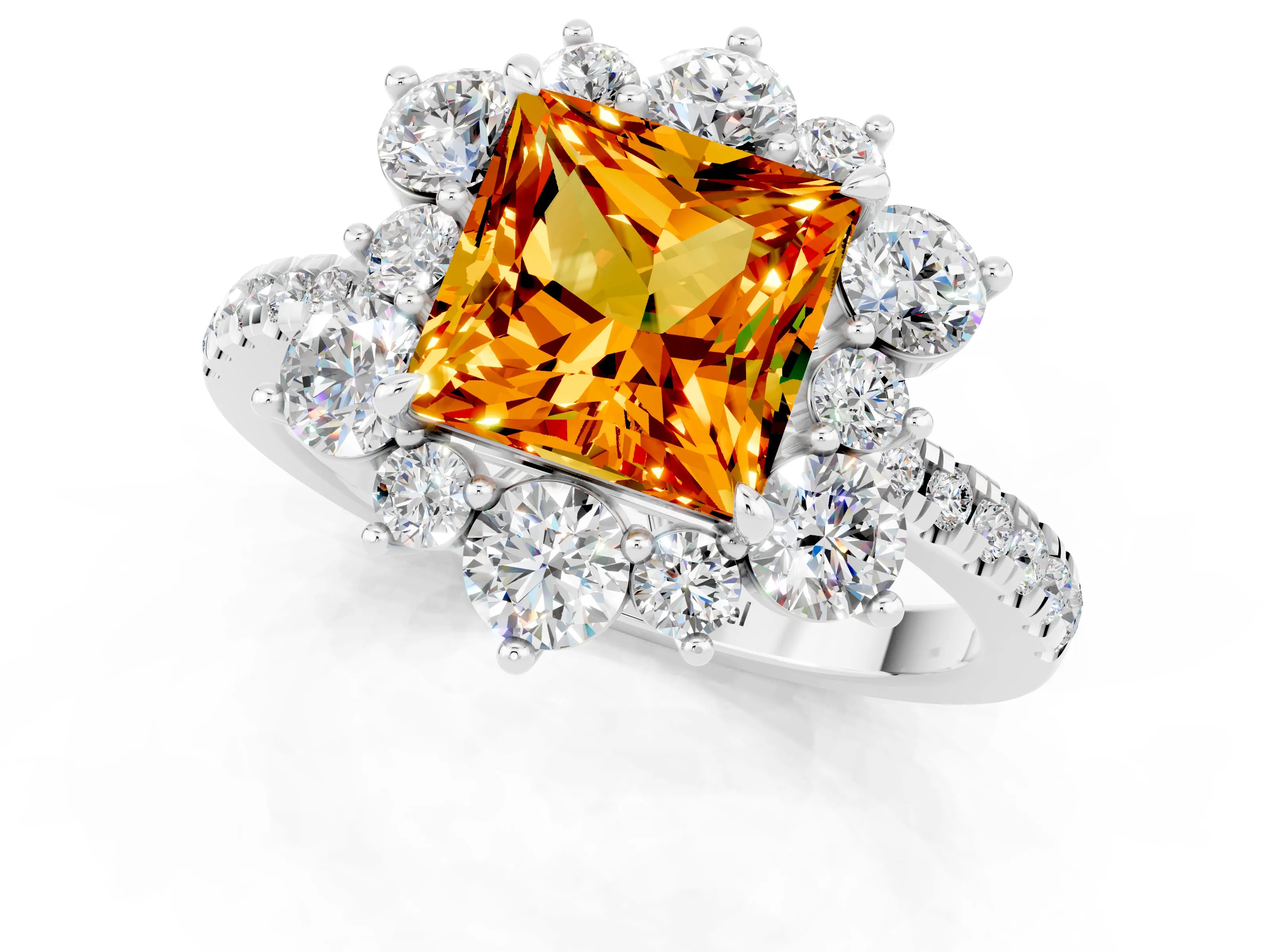 White gold Princess Cut Cut Diamond Floral Halo Pave Band with Prong Setting_1