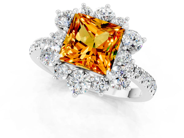 White gold Princess Cut Citrine Floral Halo Ring with Round Pavé Band and Prong Setting