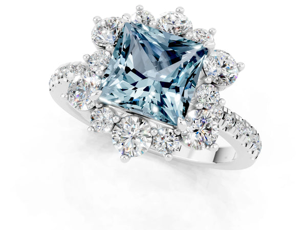 Platinum Princess Cut Cut Diamond Floral Halo Pave Band with Prong Setting